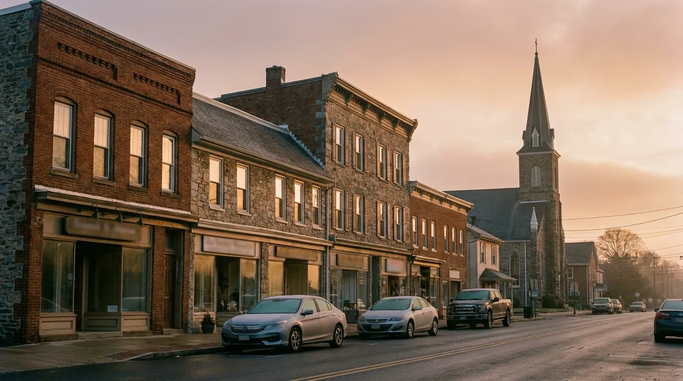 An early-morning main street of brick and stone buildings in a Montgomery County town