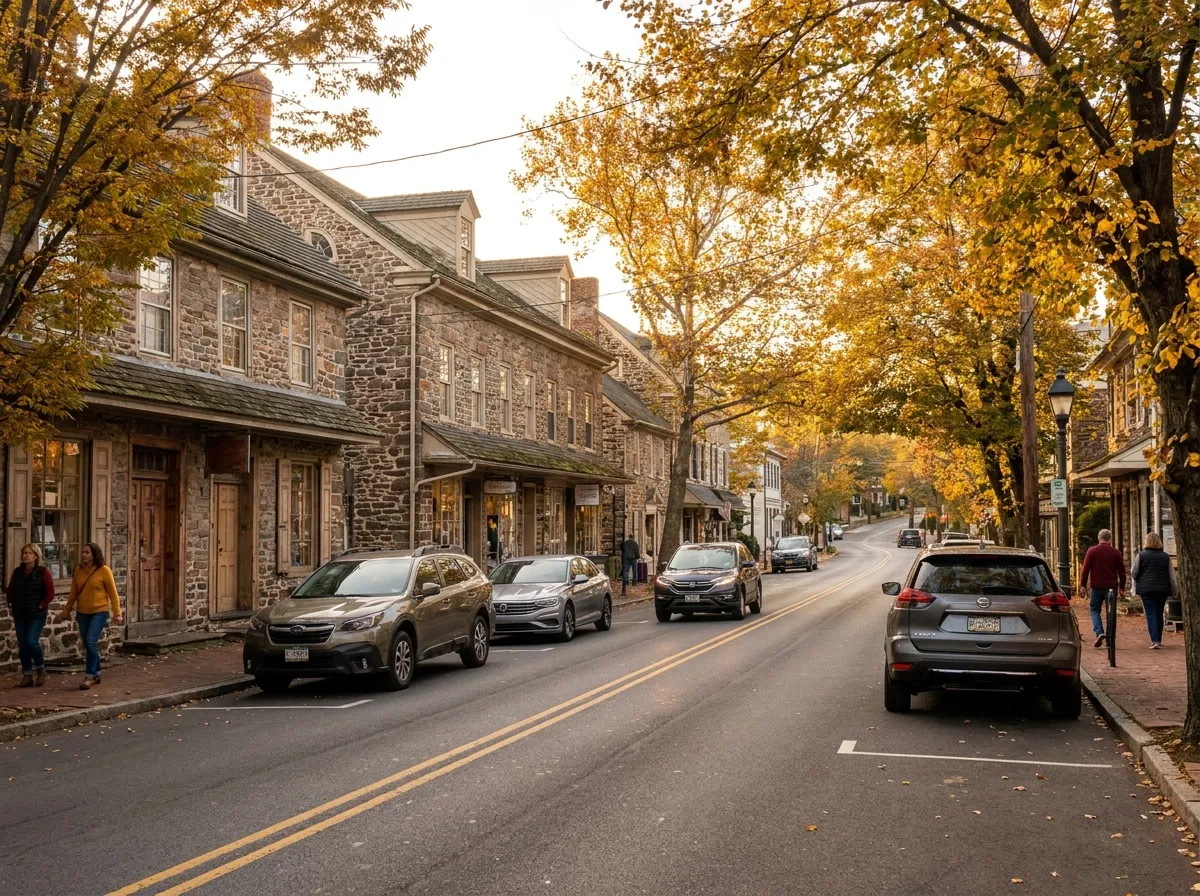A Bucks County street of fieldstone buildings under autumn trees