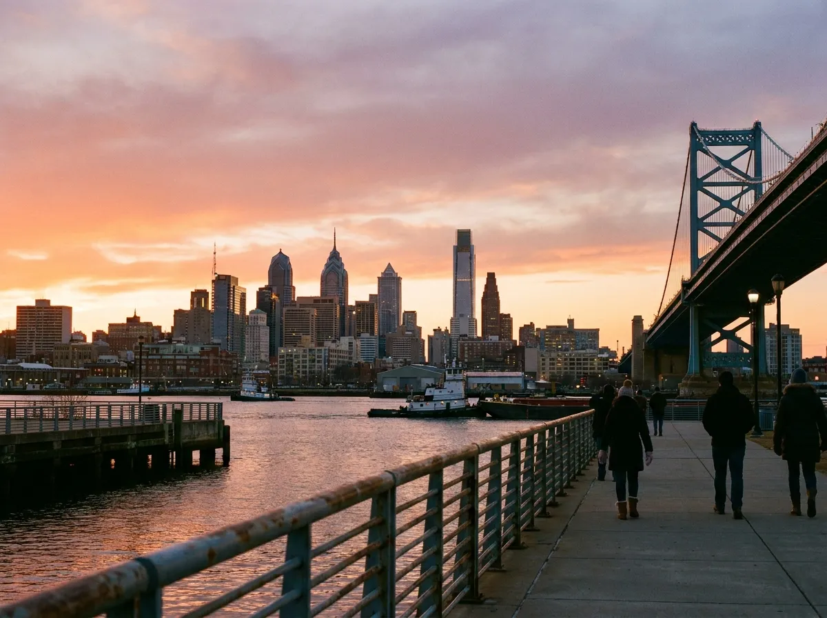 The Philadelphia skyline and Ben Franklin Bridge seen from the Camden waterfront at sunset