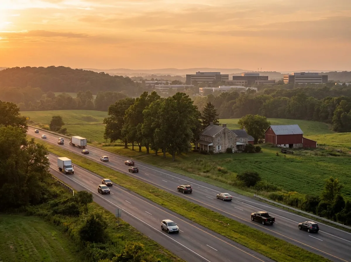 Traffic on a Chester County highway past farmland and an office park at golden hour