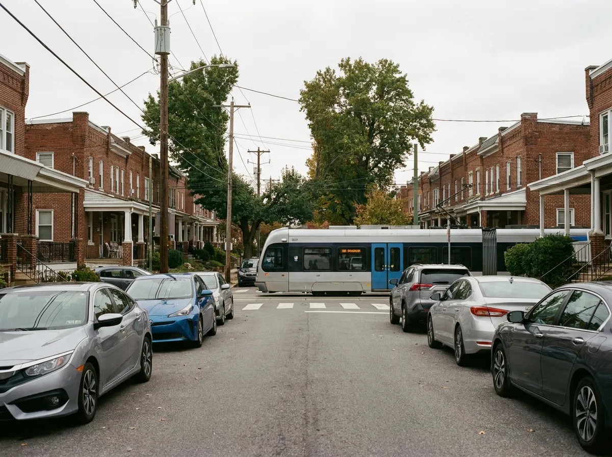 A Delaware County street of brick twin houses with a trolley crossing