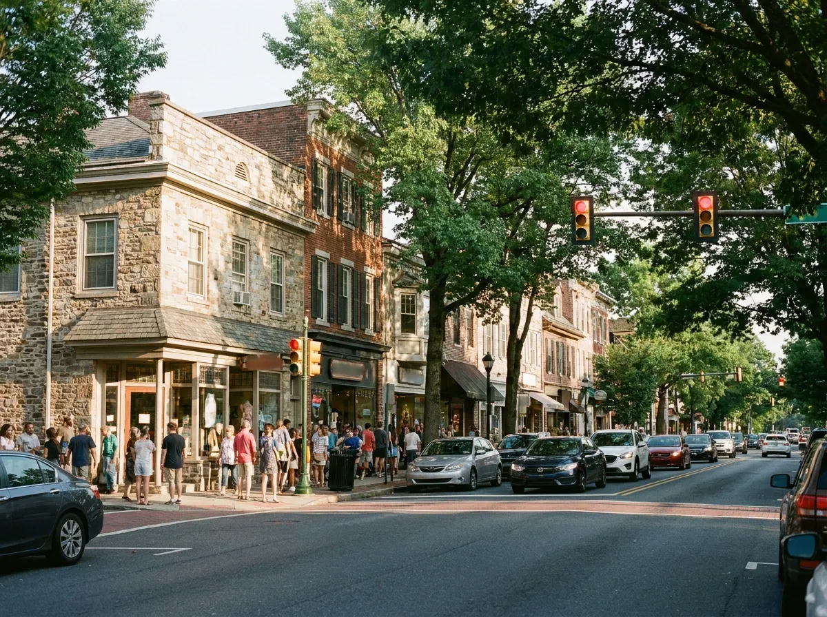 A busy Montgomery County main street with stone and brick storefronts