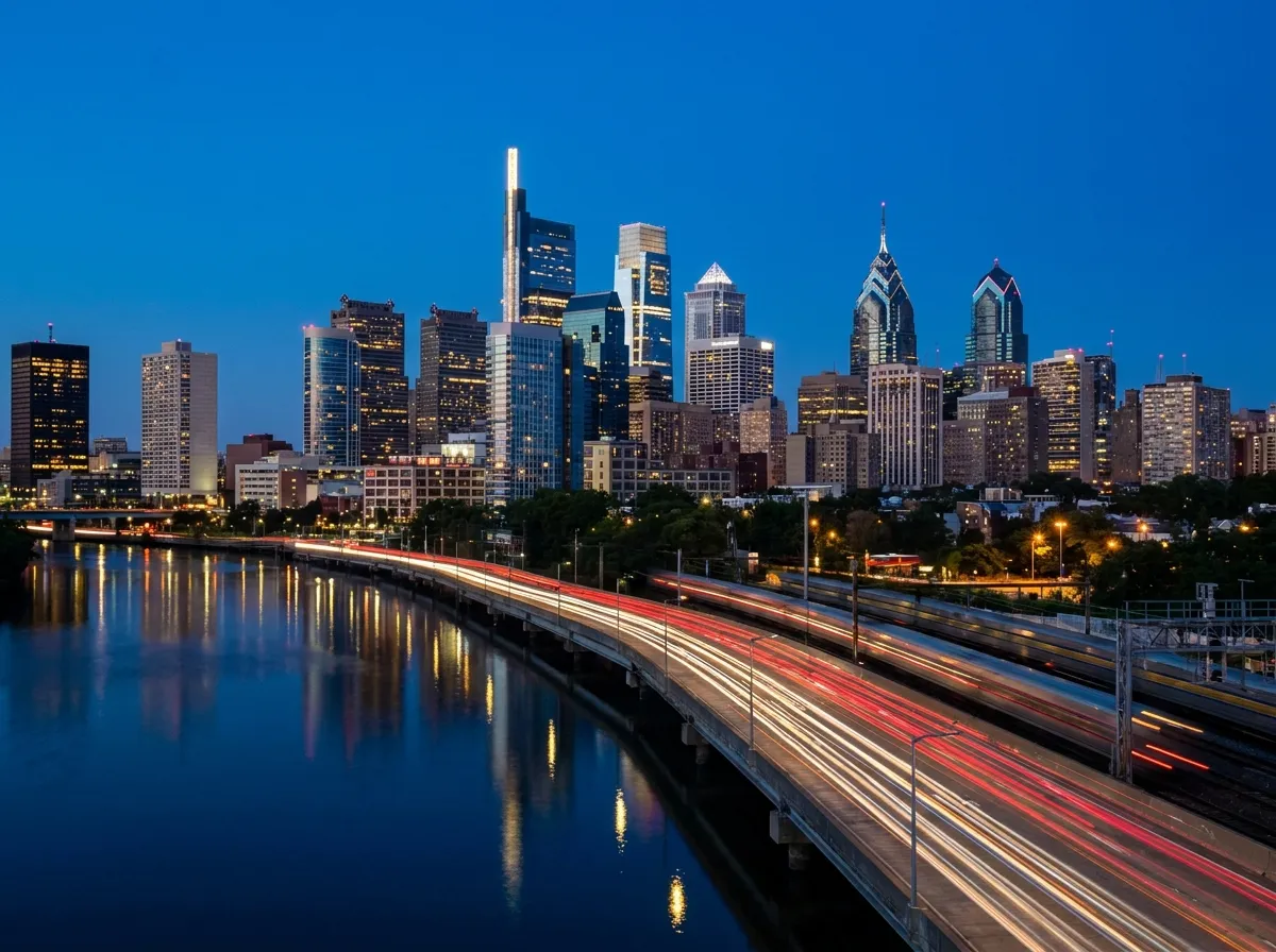 The Philadelphia skyline at dusk above the Schuylkill River, with commuter traffic on the expressway