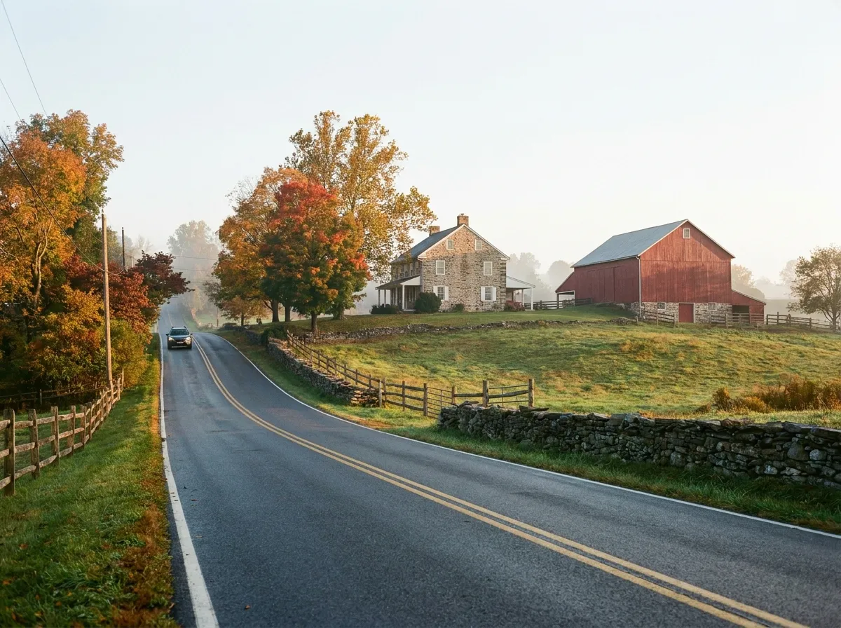 A country road through farmland in Montgomery County on an autumn morning