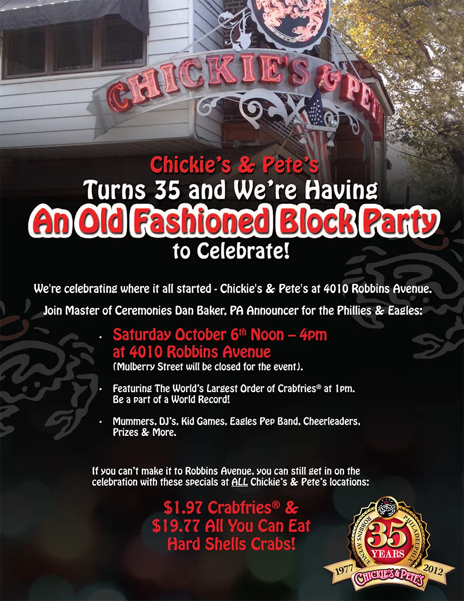 Chickie's & Pete's 35th anniversary old-fashioned block party flyer