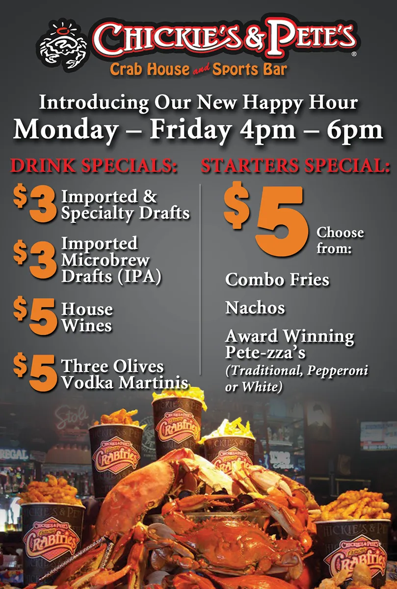 Chickie's & Pete's happy hour point-of-sale card with drink and starter specials