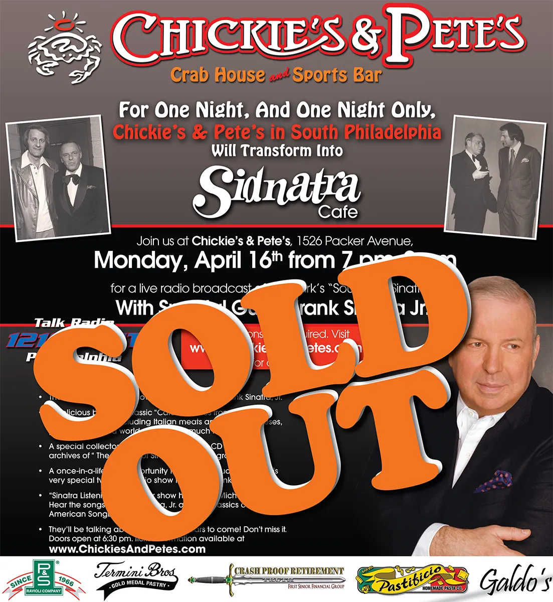 Chickie's & Pete's Sinatra night point-of-sale card stamped Sold Out
