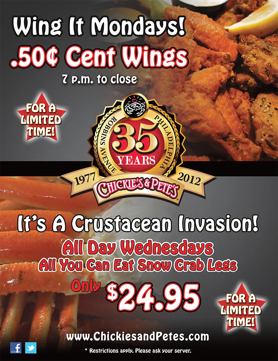 Chickie's & Pete's wing and crab specials point-of-sale card