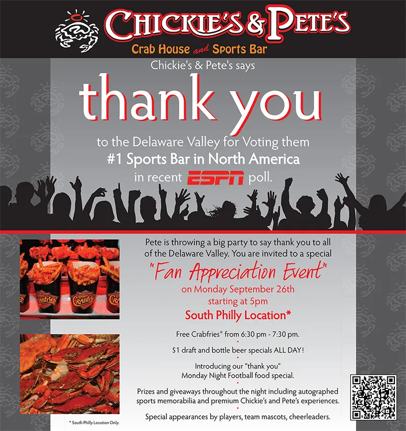 Chickie's & Pete's thank-you ad inviting fans to a fan appreciation event