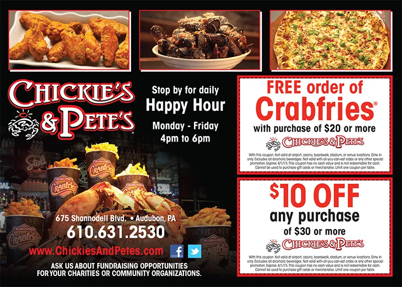 Chickie's & Pete's half-page coupon ad with Crabfries and happy hour offers