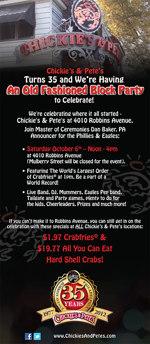 Chickie's & Pete's vertical half-page ad for the 35th anniversary block party