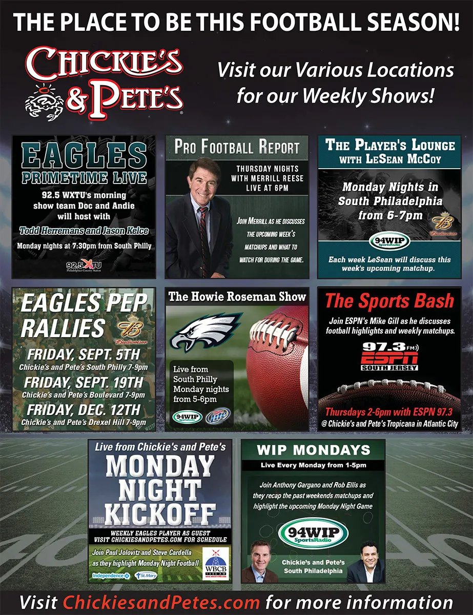 Chickie's & Pete's football season print ad listing Eagles radio shows and Monday Night Football kickoff events