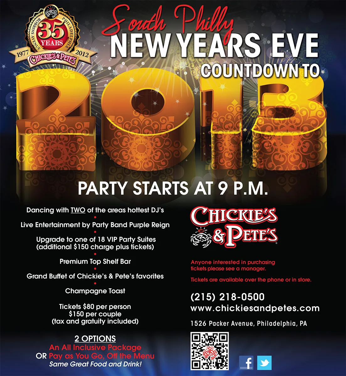 Chickie's & Pete's South Philly New Year's Eve print ad counting down to 2013, with party details and ticket prices