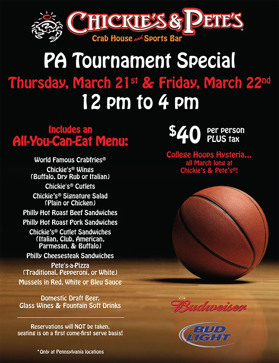 Chickie's & Pete's PA tournament special print ad with all-you-can-eat menu