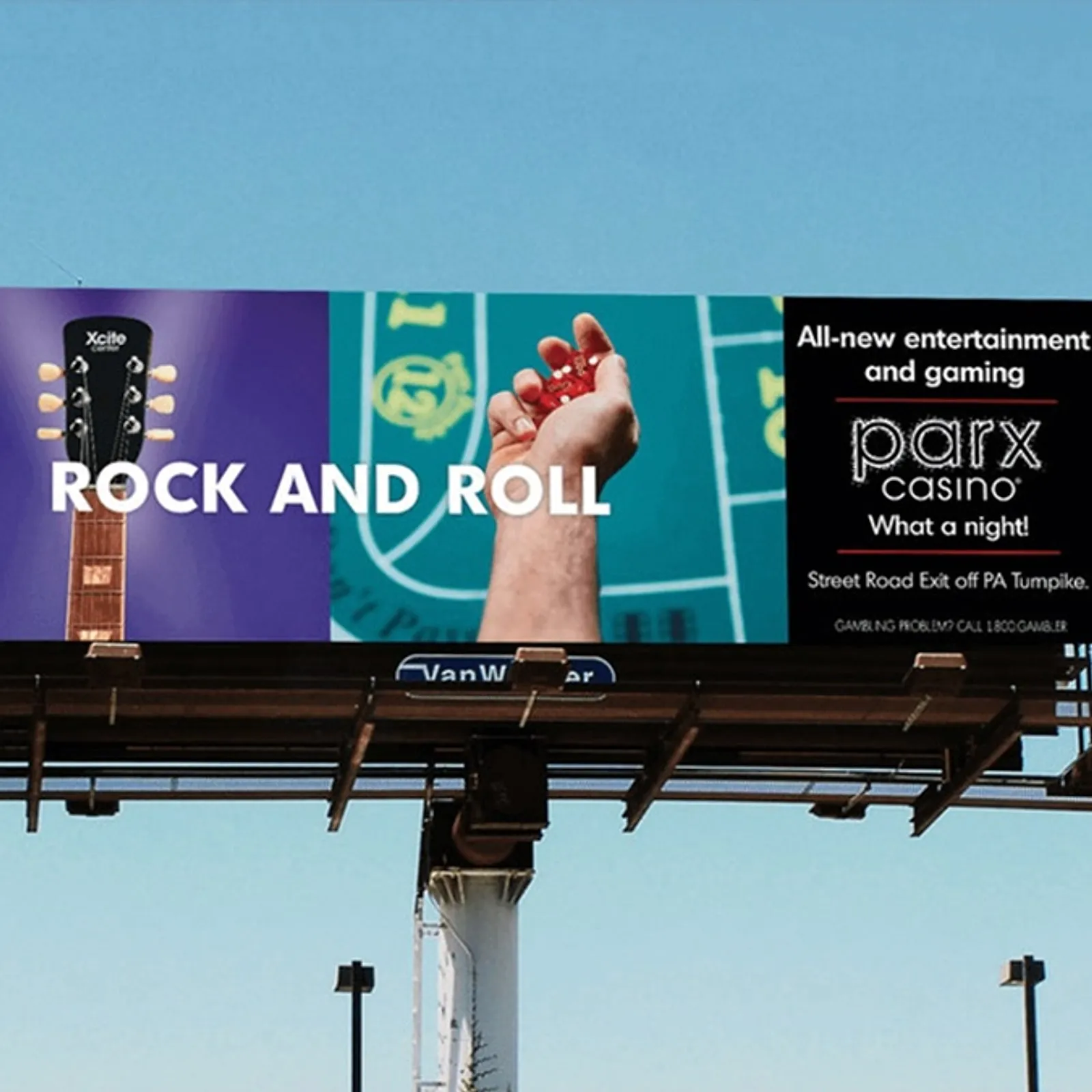 Parx Casino roadside billboard reading Rock and Roll, advertising new entertainment and gaming