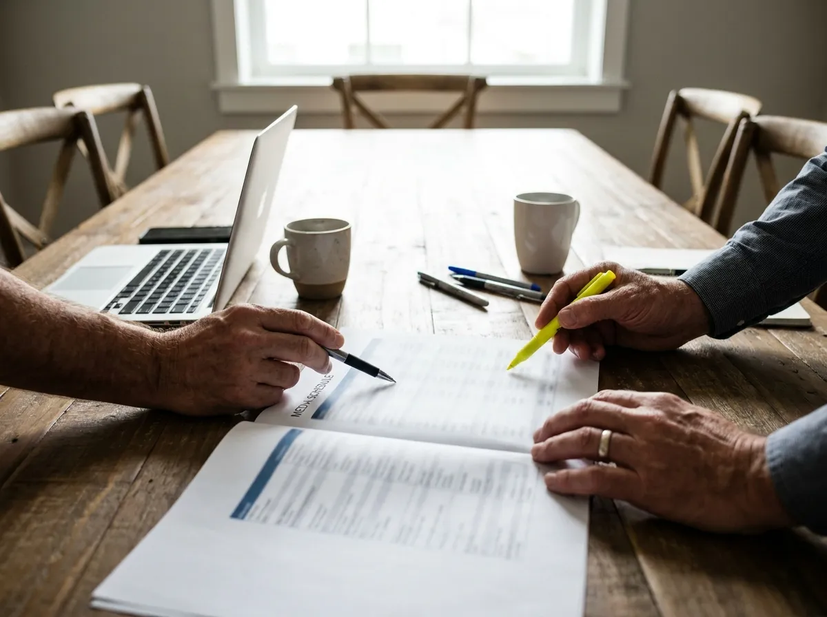 Two people marking up a printed media schedule at a table