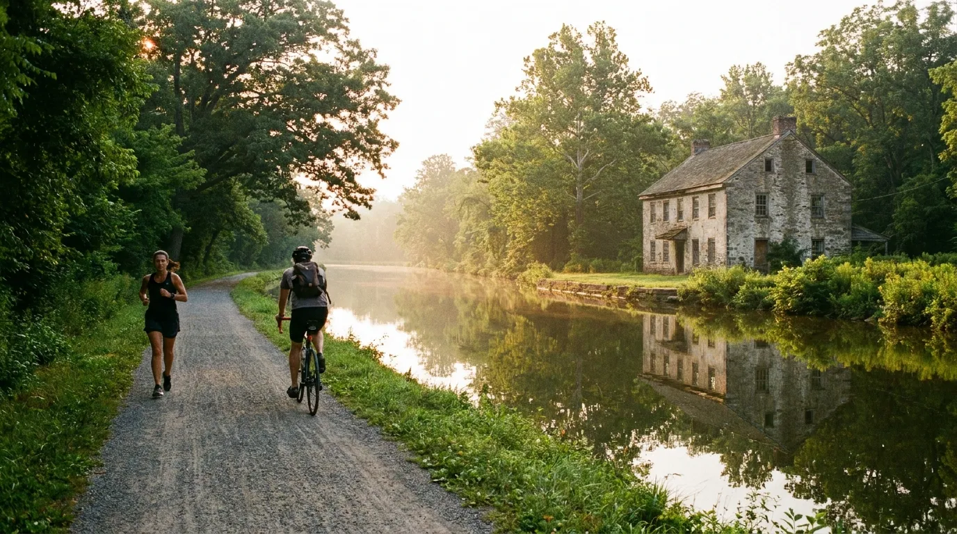 A runner and a cyclist on a canal towpath in Bucks County