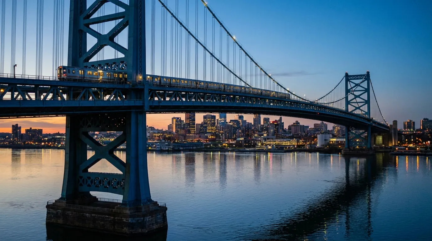 A suspension bridge over the Delaware River at dusk with the city lit behind it