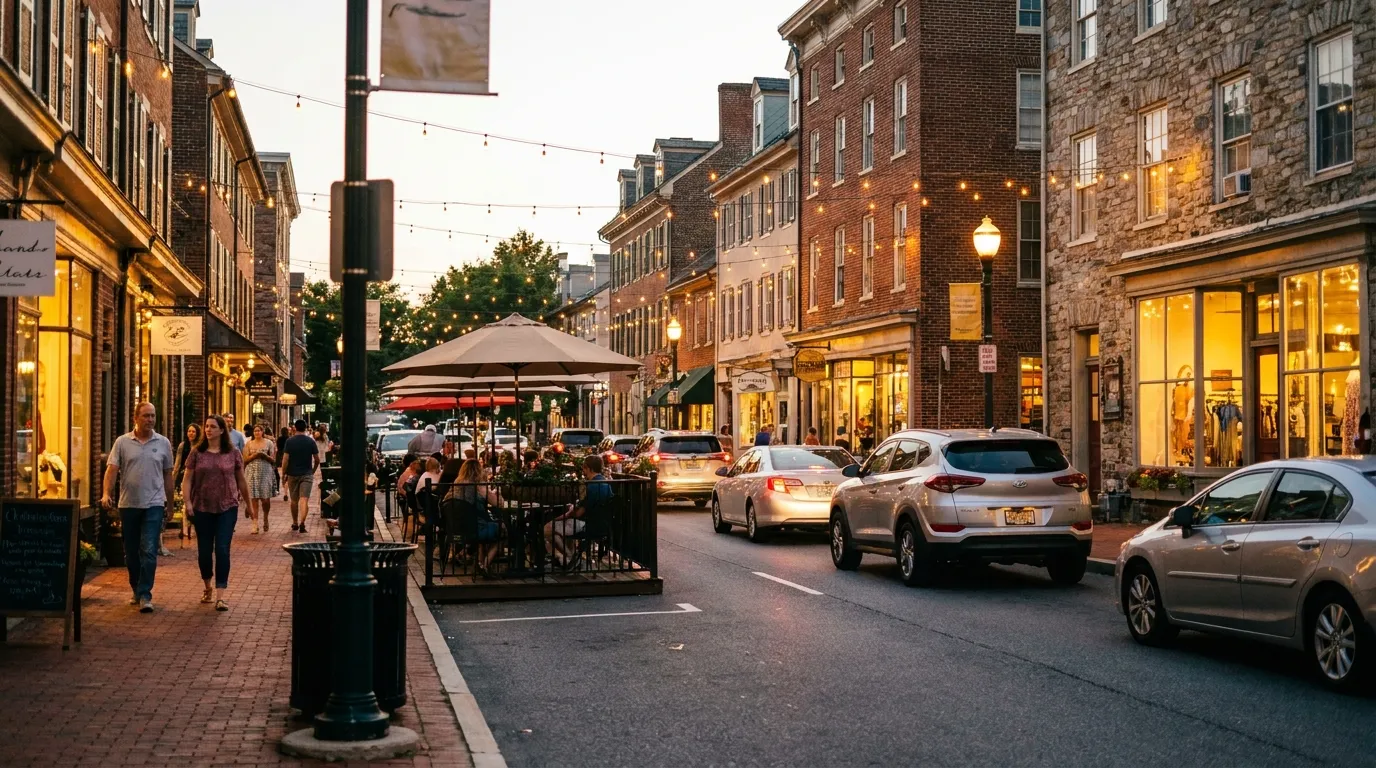 A Chester County downtown on a summer evening with sidewalk dining