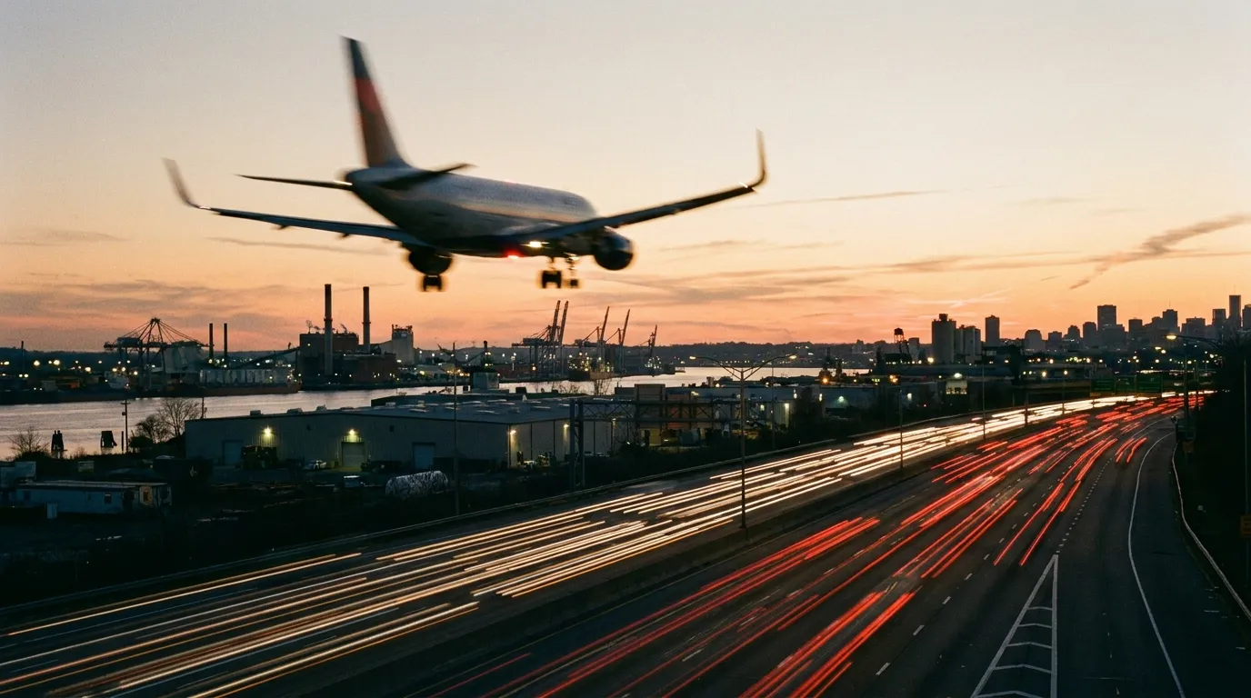 A jet landing low over highway traffic near the airport at dusk
