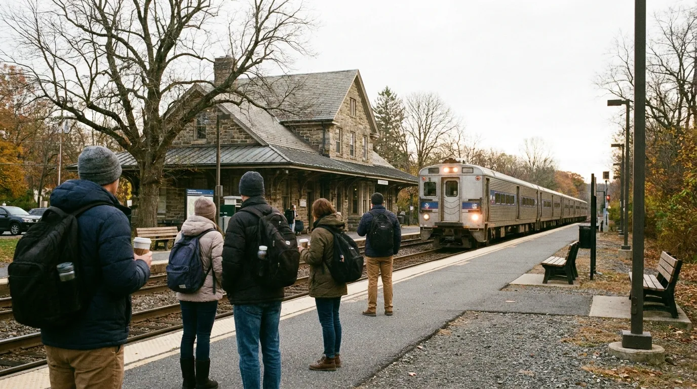 Morning commuters on a suburban regional rail platform as a train arrives