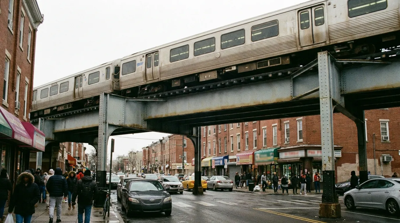 An elevated train passing over a busy Philadelphia neighborhood street