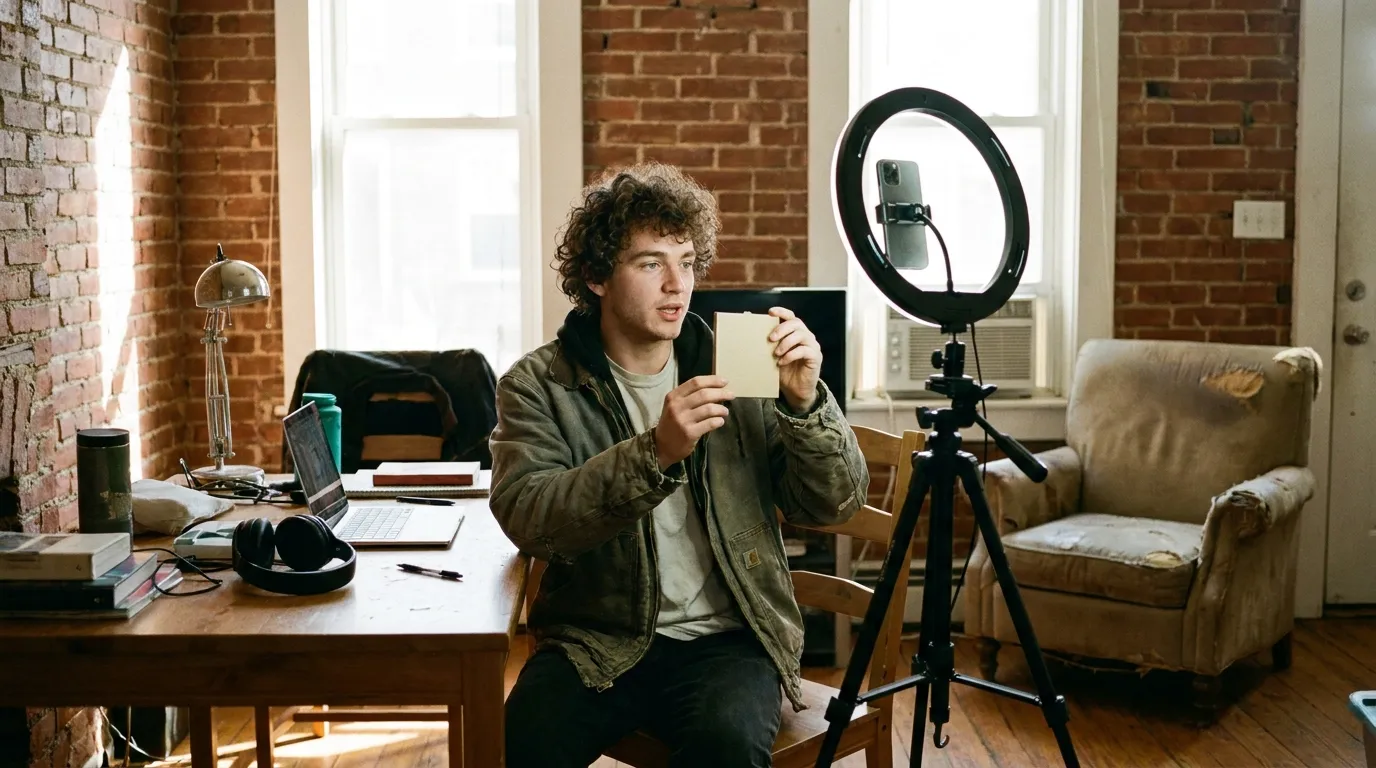 A creator recording a product video with a ring light in a rowhouse living room