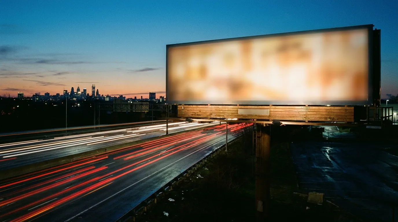 A lit billboard above highway traffic at dusk with the Philadelphia skyline behind