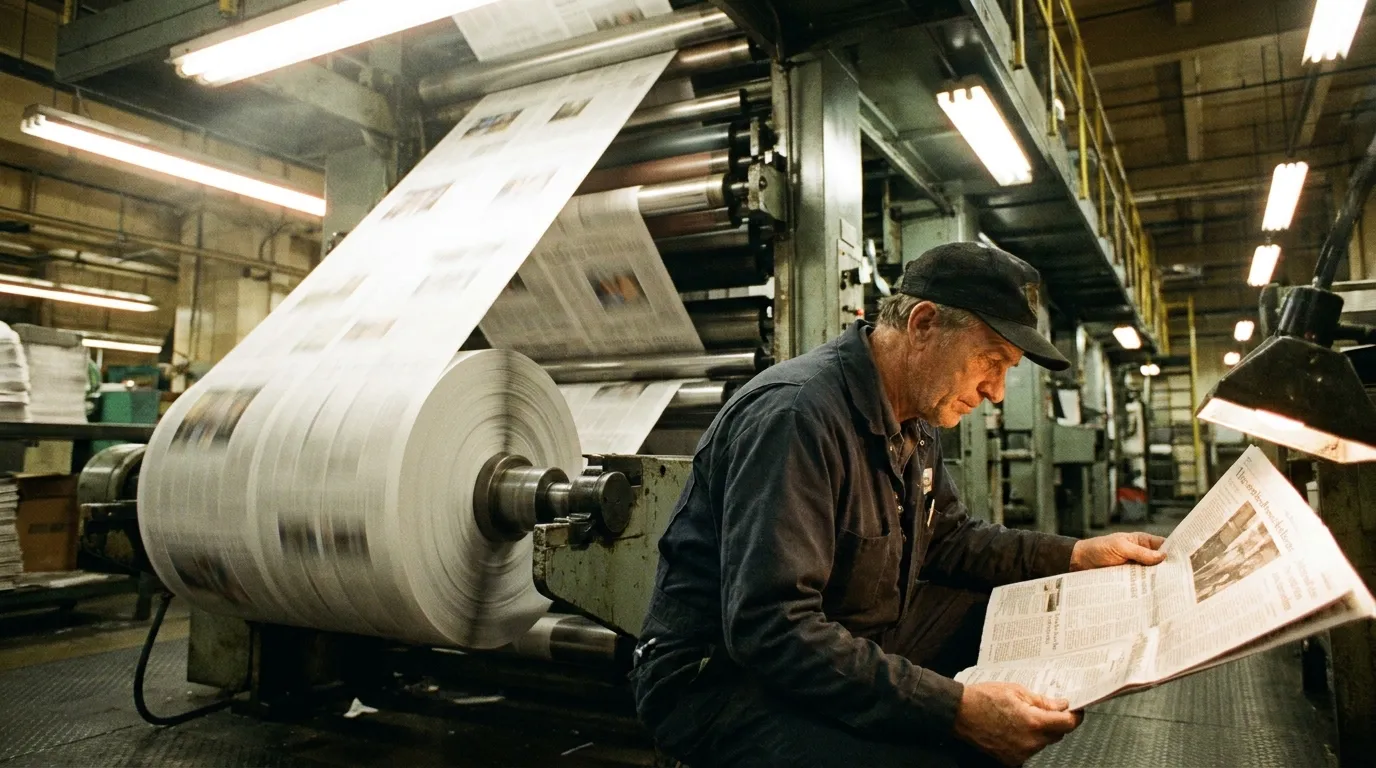 Newsprint running through a printing press while a pressman checks a copy