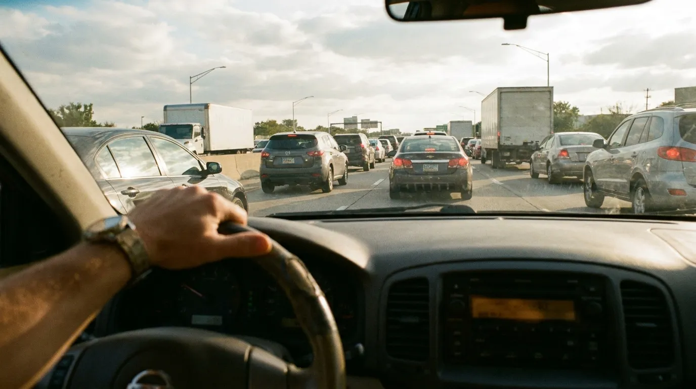 A driver on a morning expressway commute with the car radio on