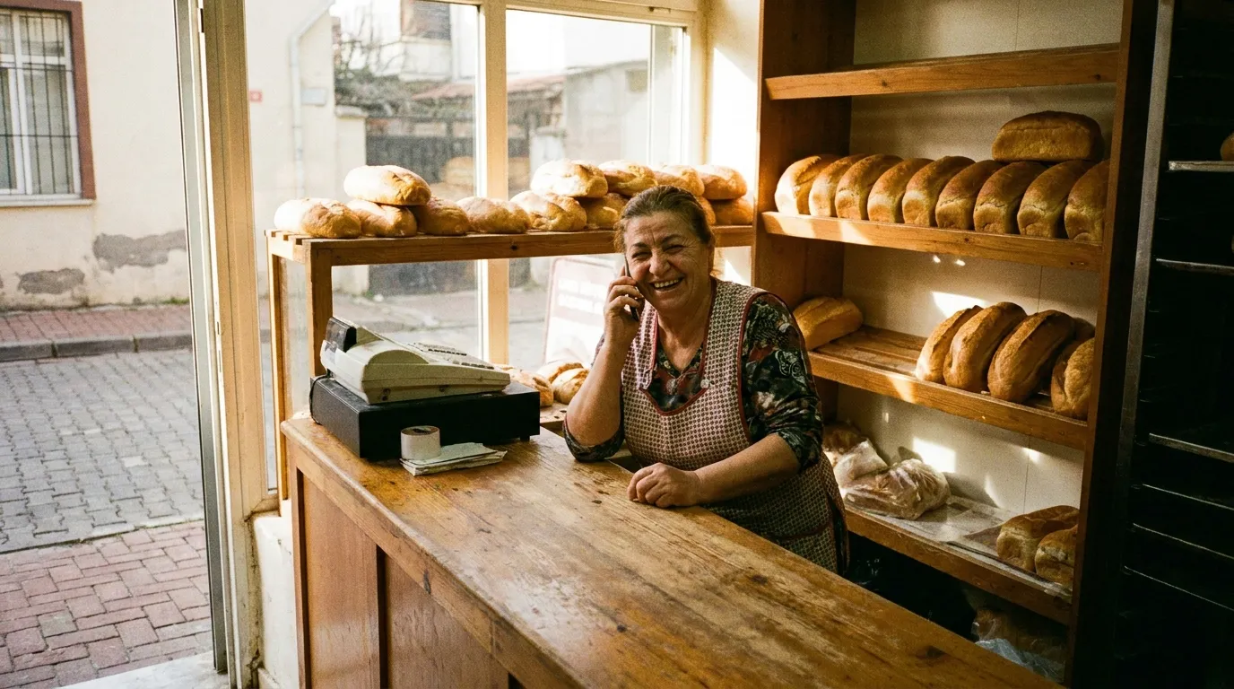 A bakery owner answering a customer’s phone call behind the counter