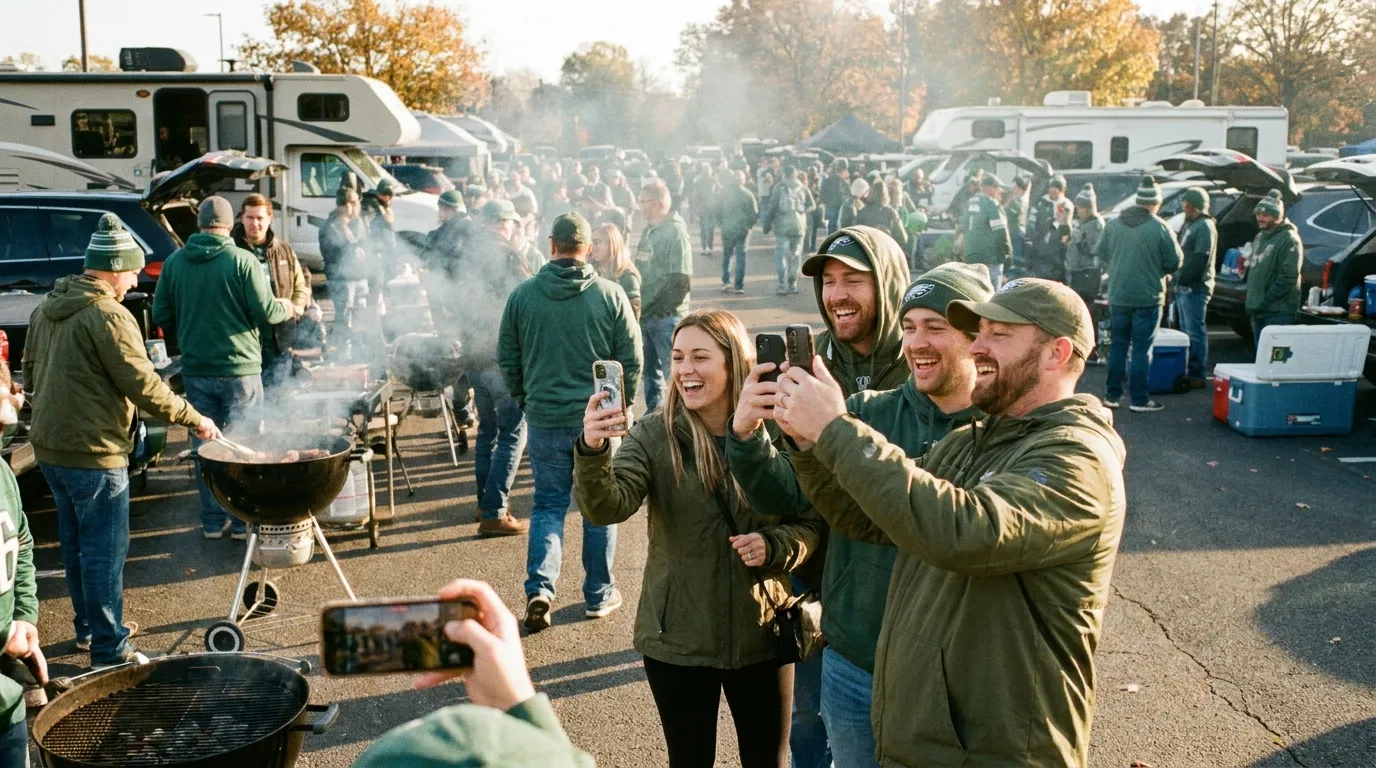 Football fans at a tailgate filming and taking photos on their phones