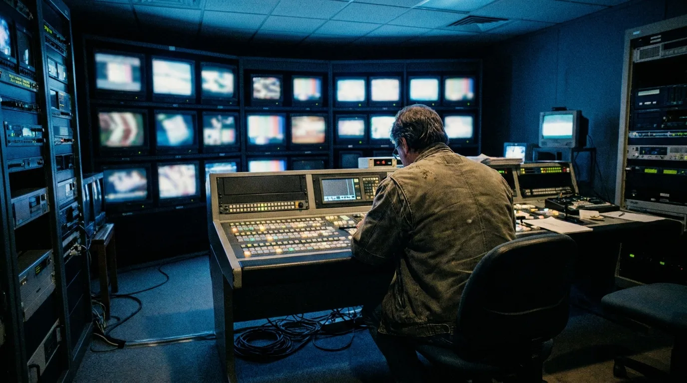 A television master control room with a wall of monitors