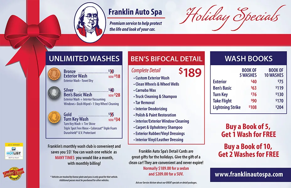 Franklin Auto Spa holiday specials print piece listing wash packages and detailing