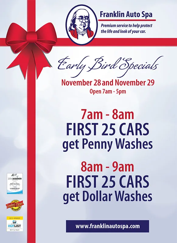 Franklin Auto Spa early-bird specials card offering penny and dollar washes