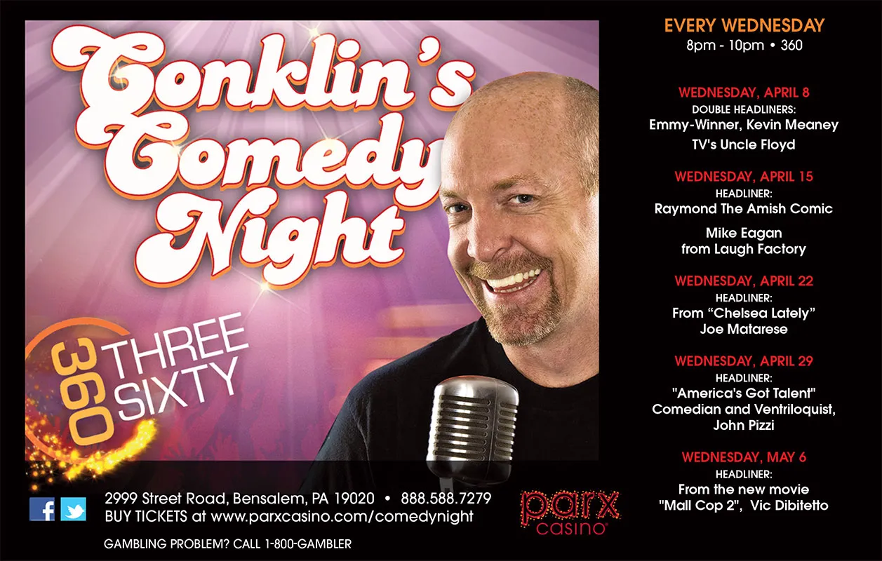 Parx Casino event card for Conklin's Comedy Night at Three Sixty, listing Wednesday headliners