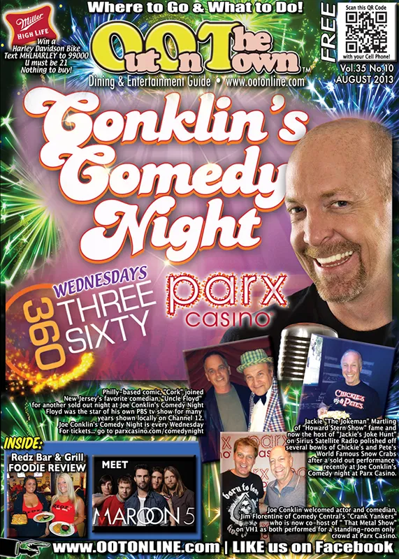 Magazine cover promoting Conklin's Comedy Night at Parx Casino's Three Sixty lounge