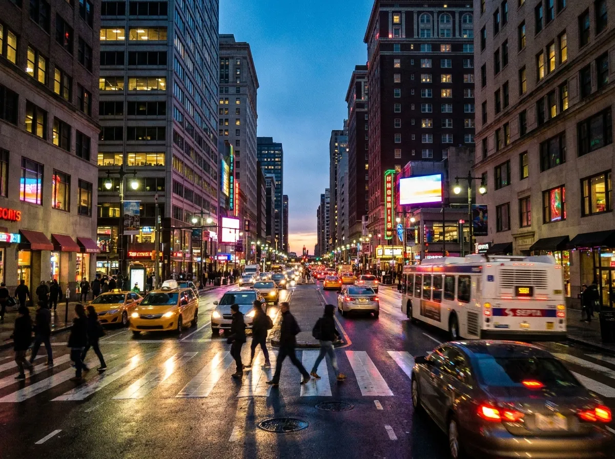 Pedestrians and traffic at a Center City Philadelphia intersection at dusk