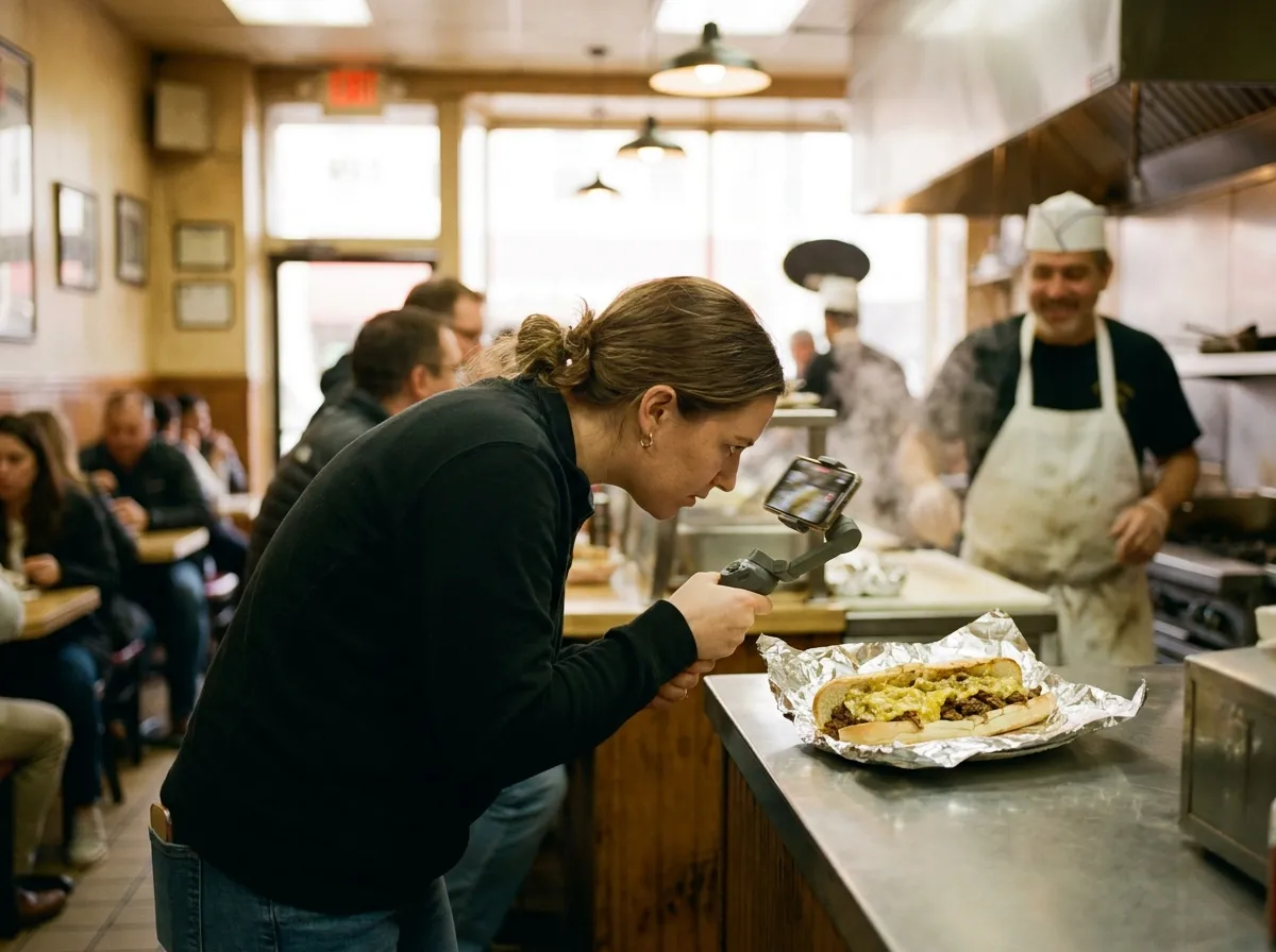 A local food creator filming a cheesesteak on her phone inside a Philadelphia sandwich shop