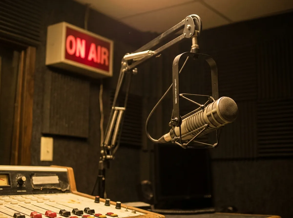 A broadcast microphone in a radio studio with the on-air light lit