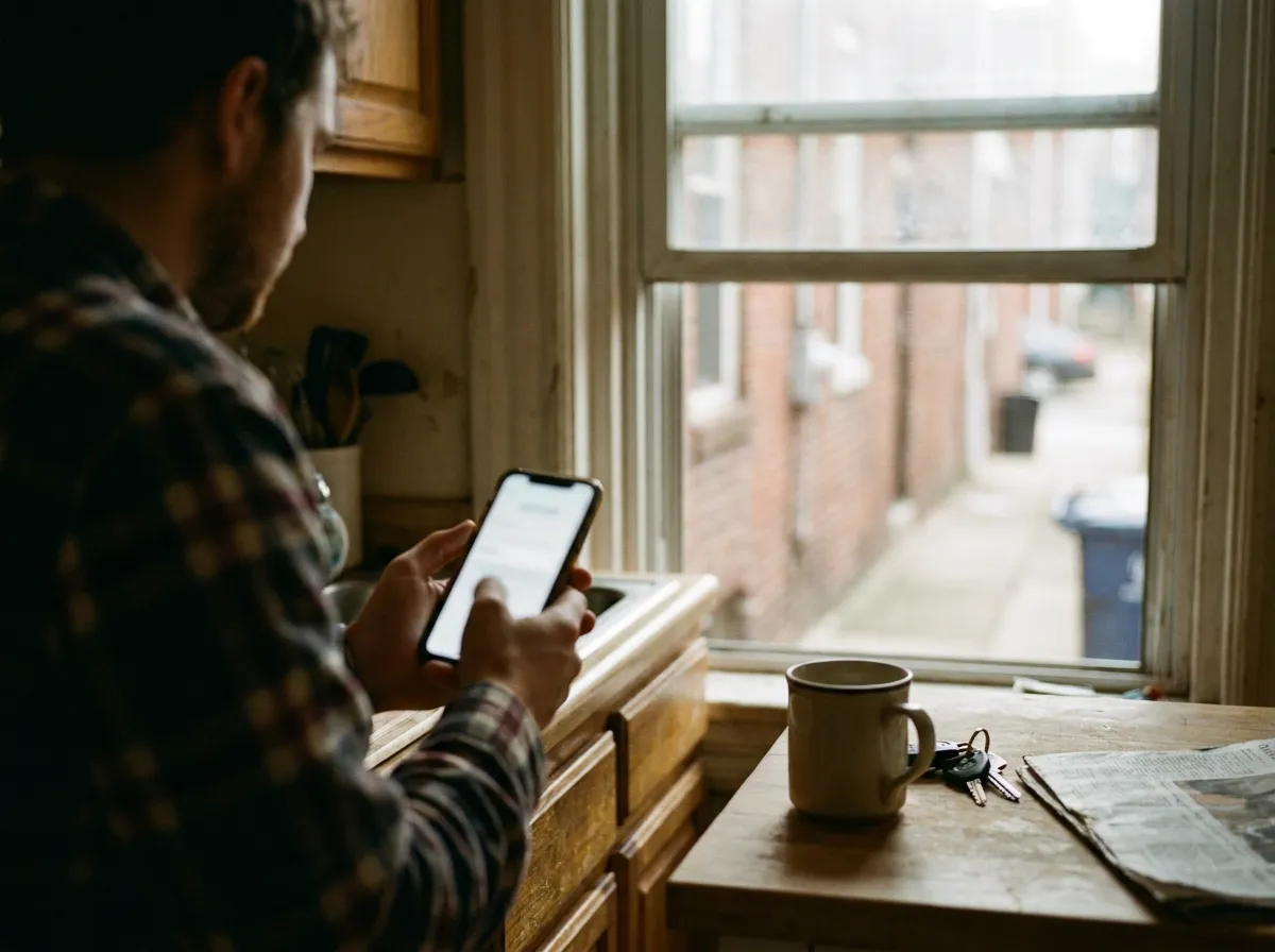 Someone searching for a local business on a phone in a rowhouse kitchen