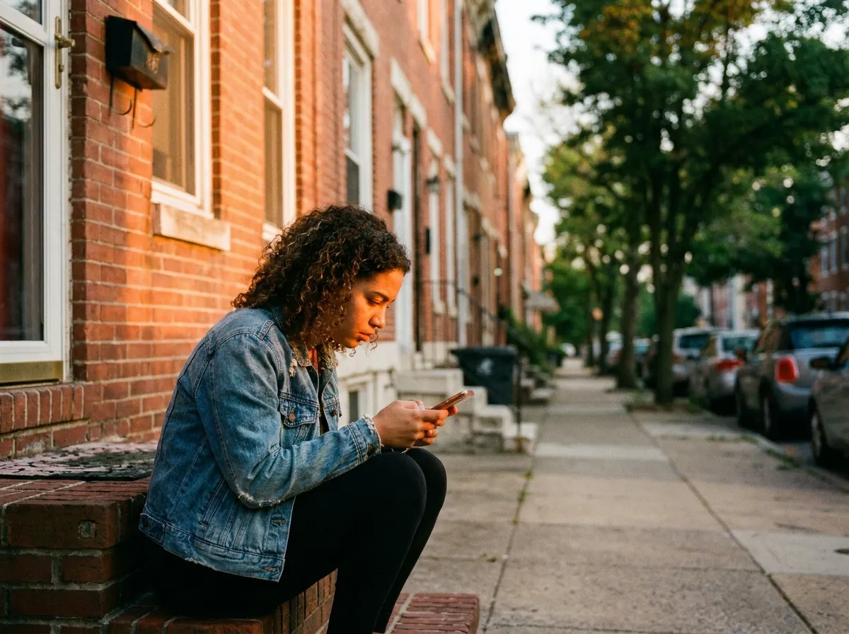 Someone scrolling a social feed on the front steps of a Philadelphia rowhouse