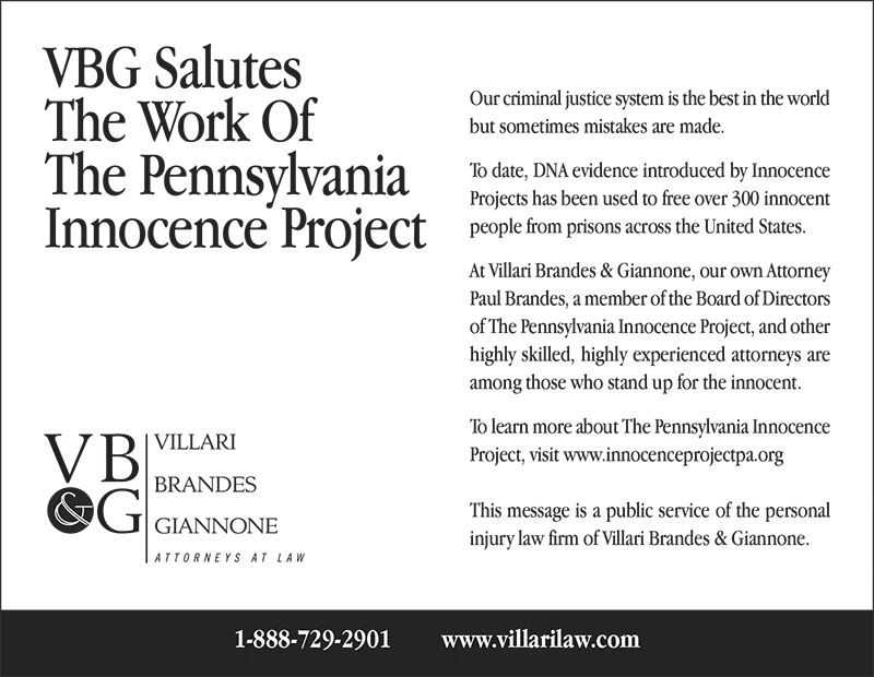 Villari Brandes & Giannone half-page public-service ad saluting the Pennsylvania Innocence Project